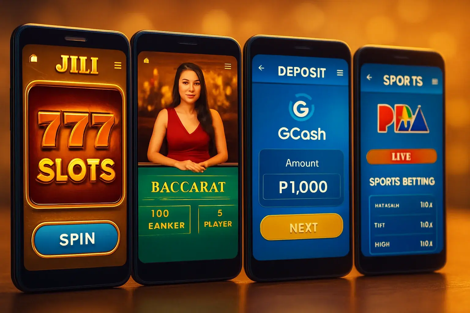 Android screens showing Philippine casino app with JILI slots, baccarat, GCash deposit, PBA betting