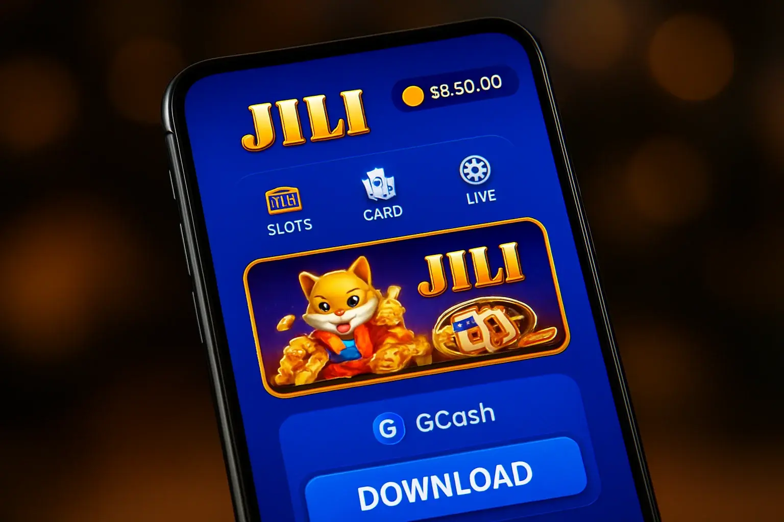 Android smartphone showing Philippine casino app with JILI UI and GCash payment