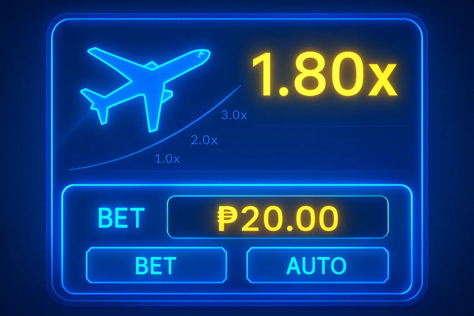 Close-up aviator crash game UI with plane trajectory, multiplier graph, and peso bets