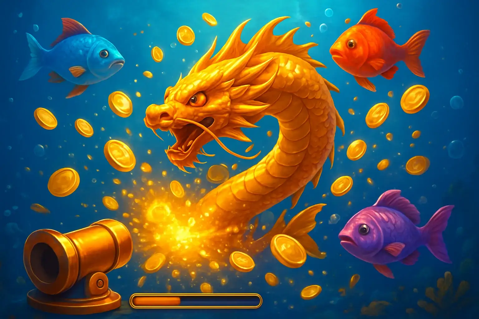 Vibrant Philippine casino fishing game with colorful fish and coin explosions