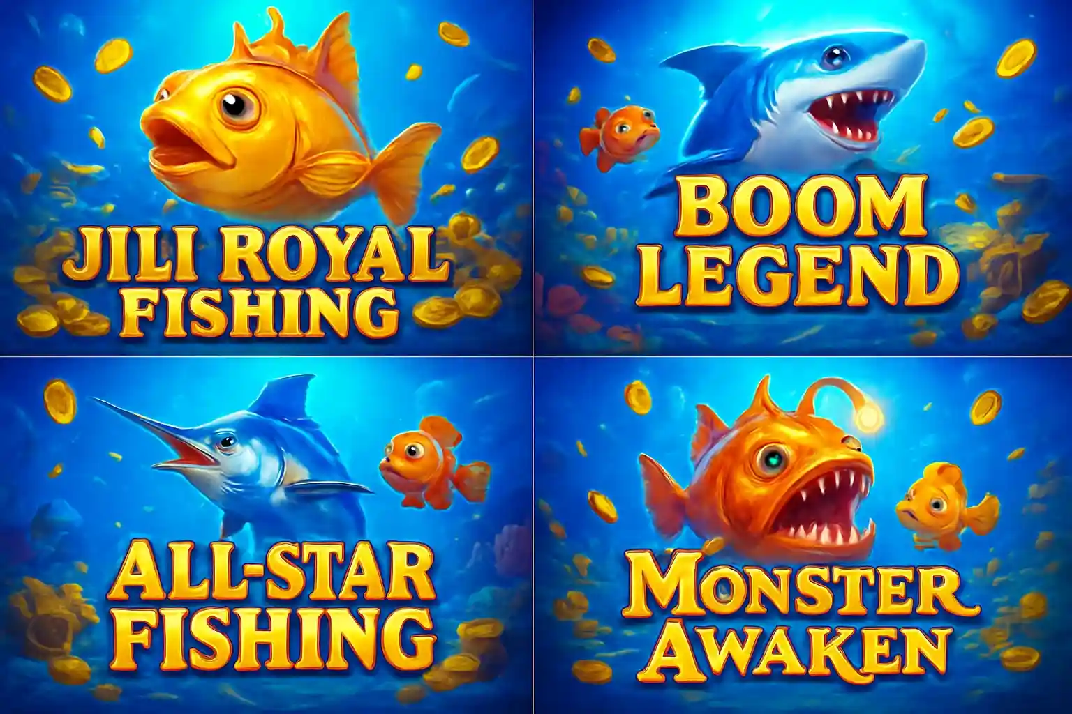 Grid of popular Philippine fishing game thumbnails in vibrant casino ocean colors