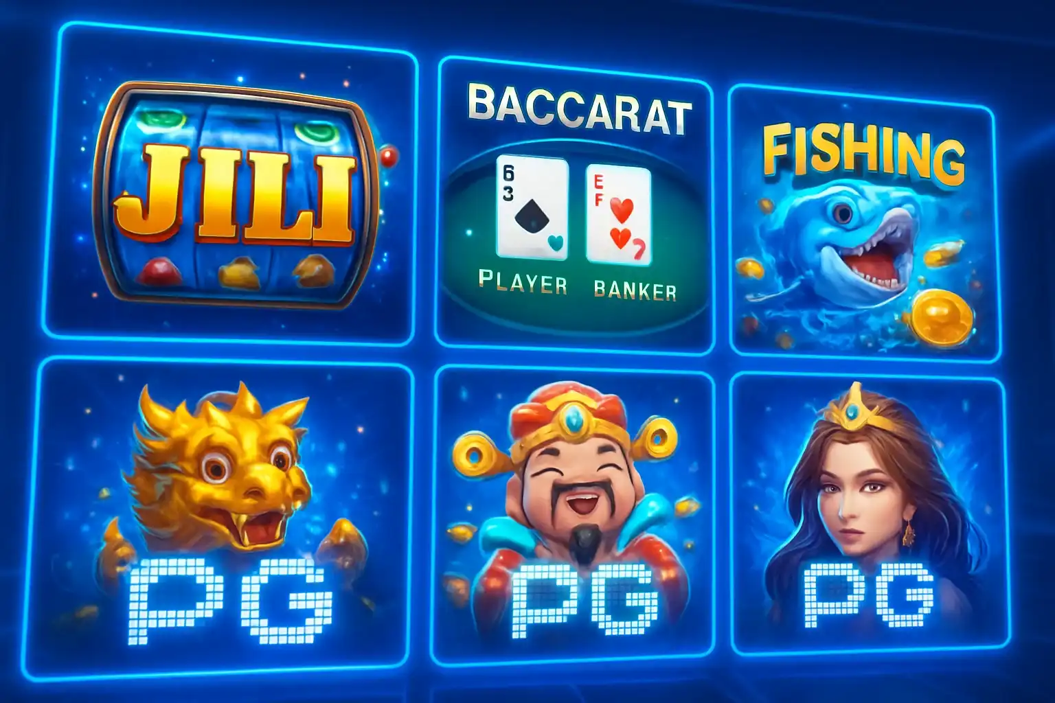 Colorful grid of Philippine casino game thumbnails with blue and gold UI