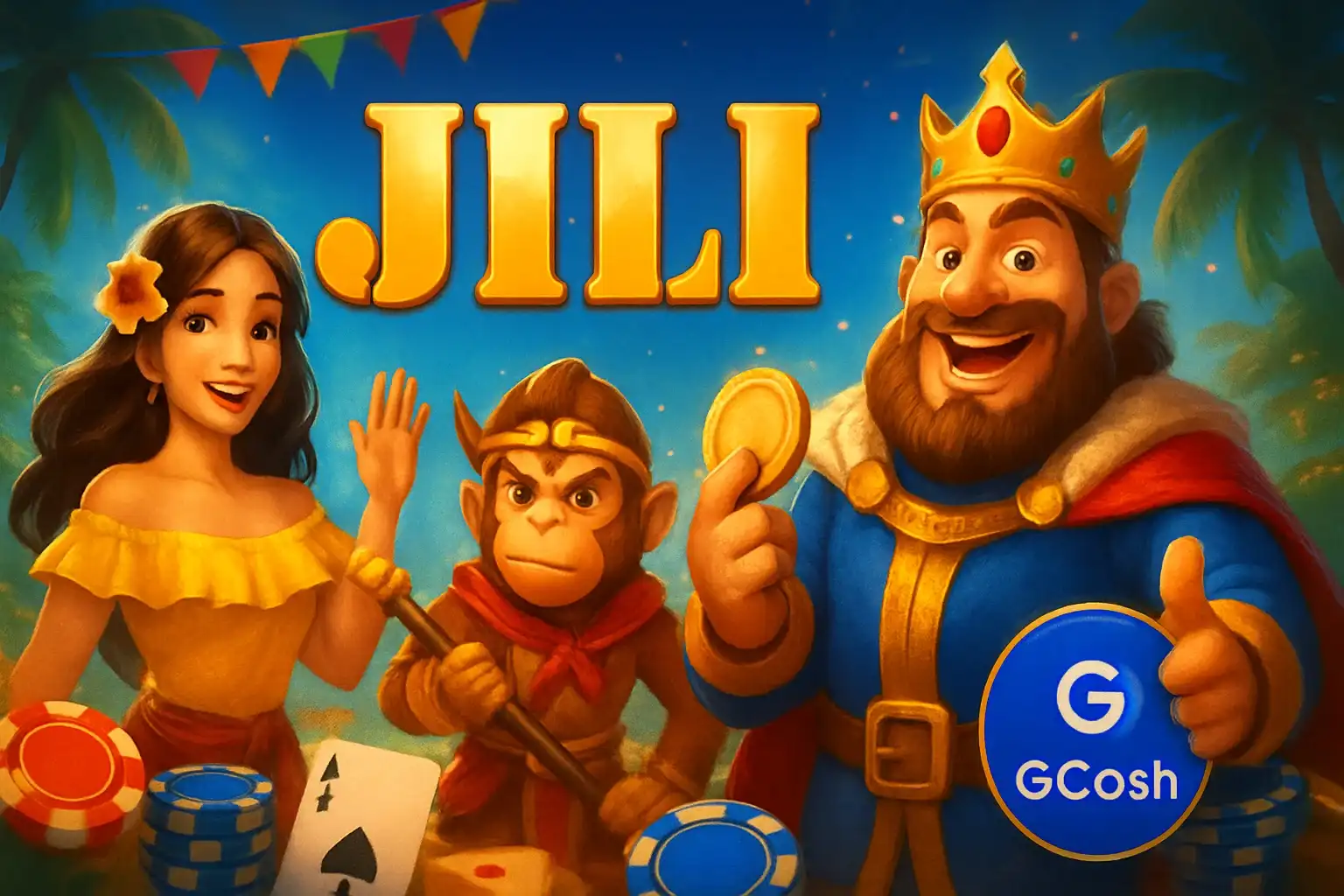 Vibrant Philippine online casino hero banner with JILI characters and GCash badge