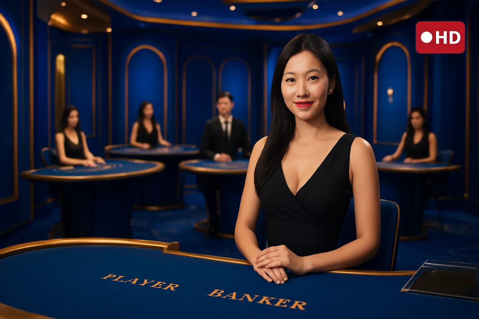 Elegant live casino studio with Asian dealers, baccarat and blackjack tables