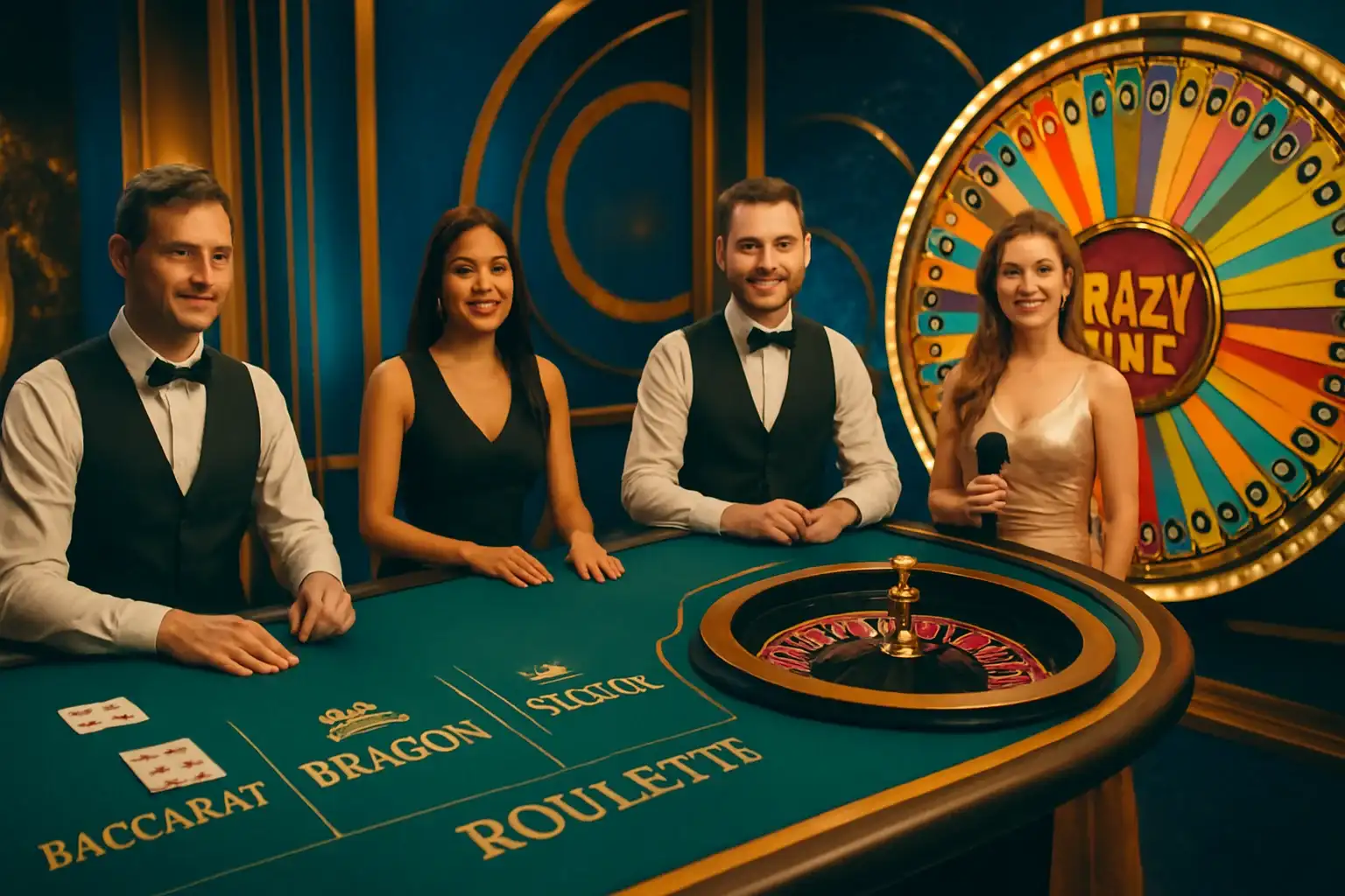 Live casino game cards with baccarat, roulette, Crazy Time, and dealers