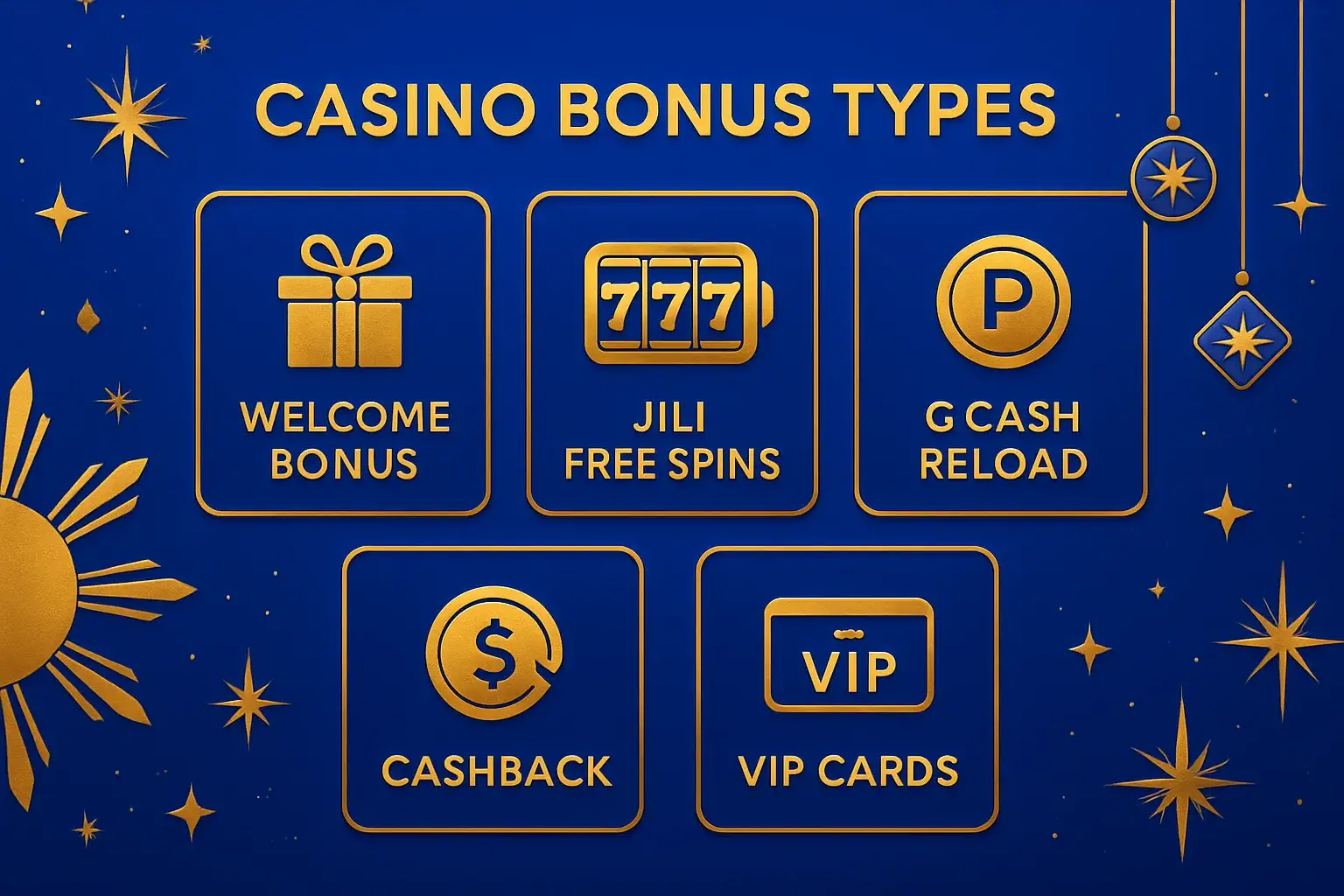 Welcome bonus, JILI free spins, GCash reload, cashback, VIP cards on royal blue