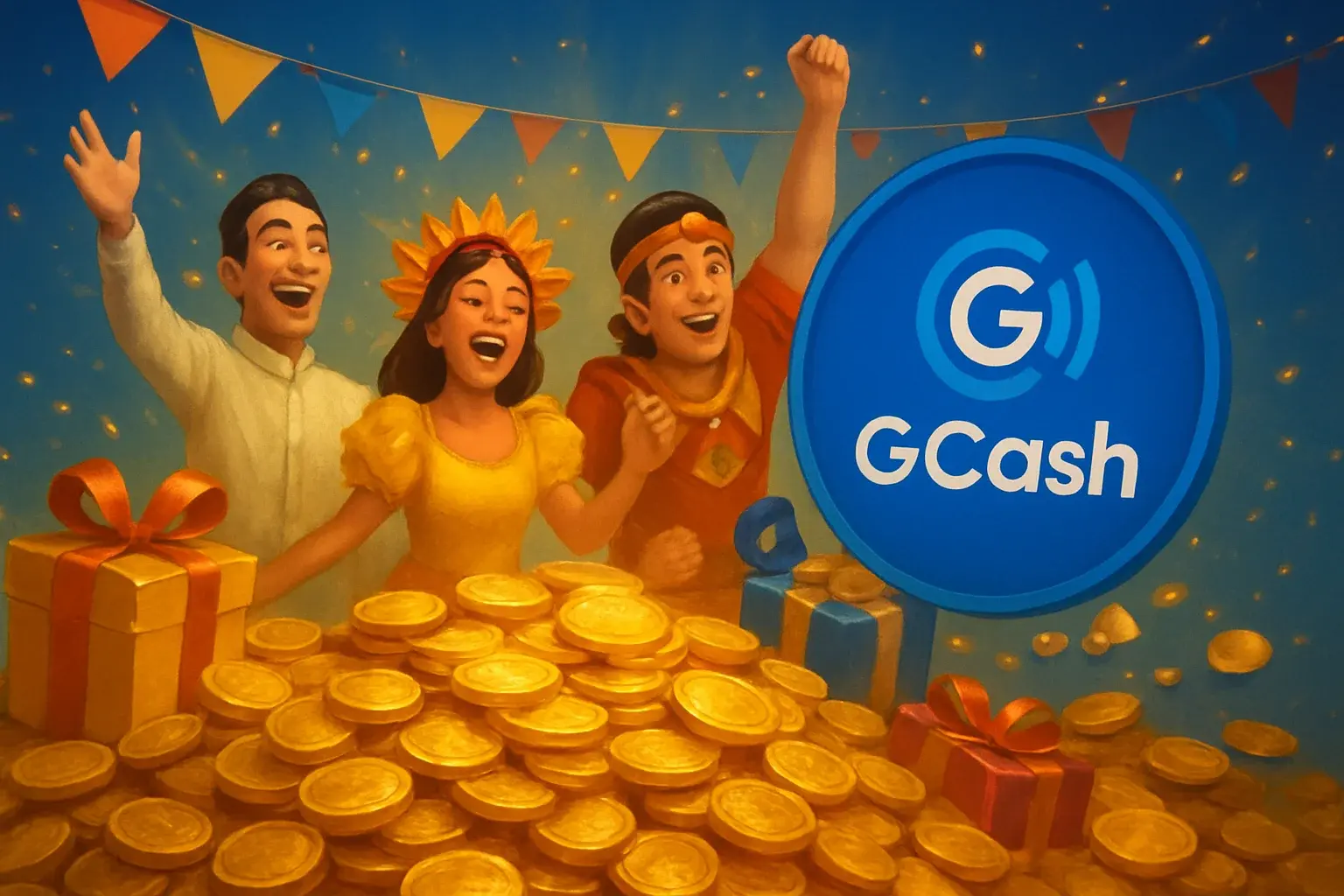 Philippine casino promotions banner with GCash badge, JILI characters, gold coins