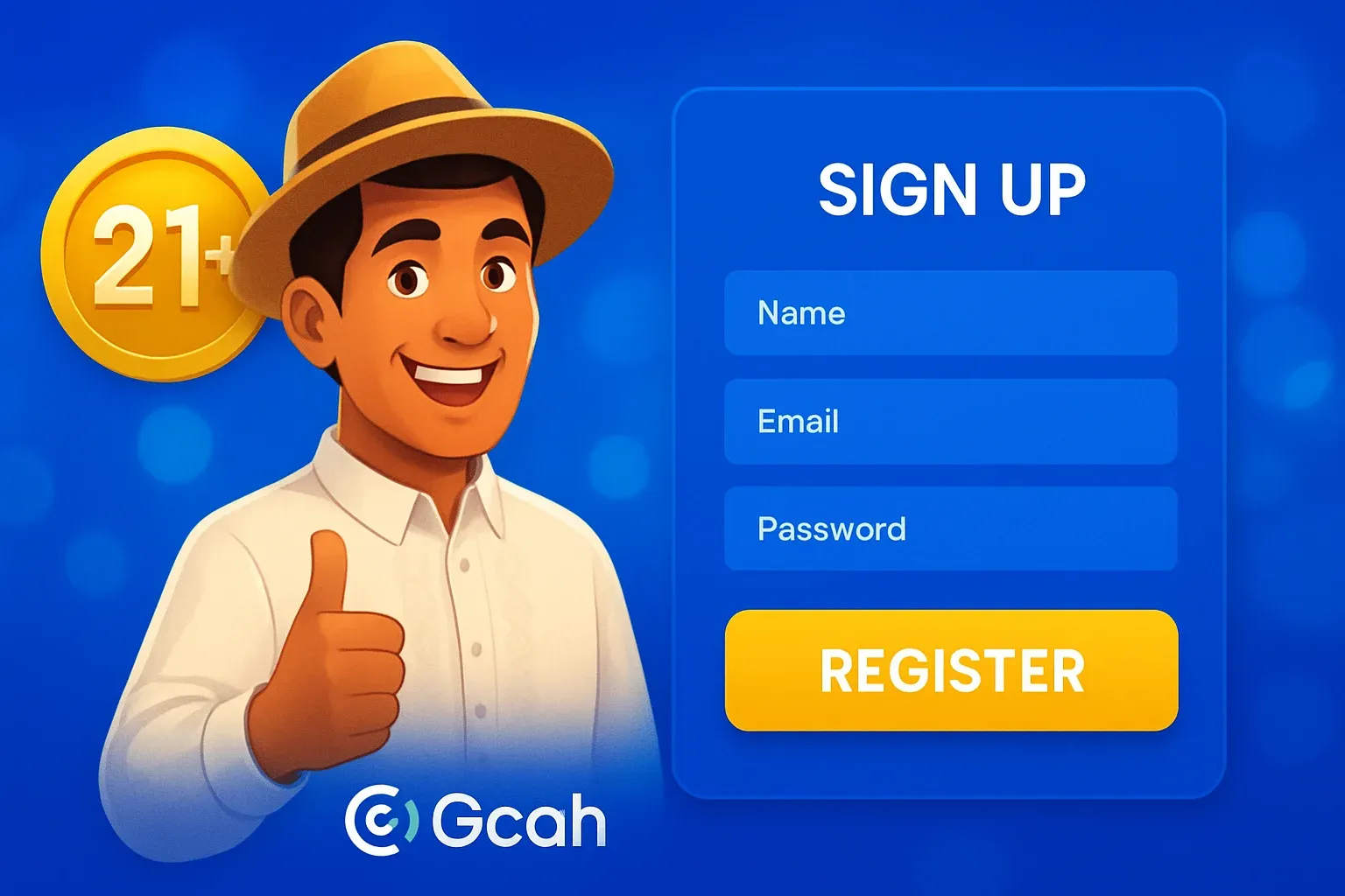 Philippine casino registration page with GCash logo and gold 21+ badge