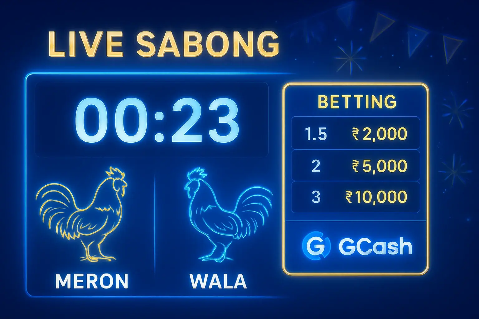 Live sabong countdown timer with Meron vs Wala betting panel and GCash badge