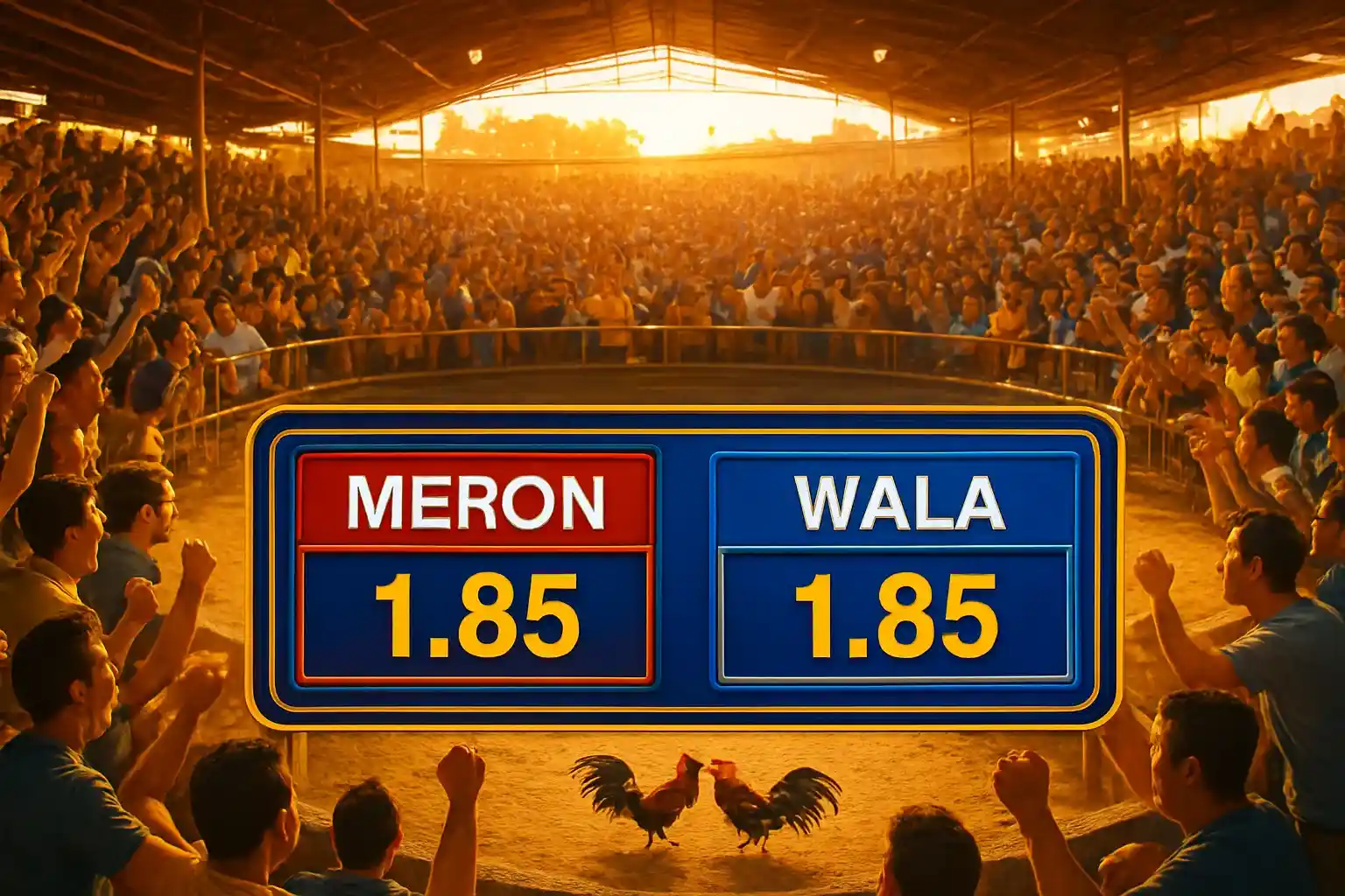 Philippine online sabong interface with Meron red and Wala blue panels