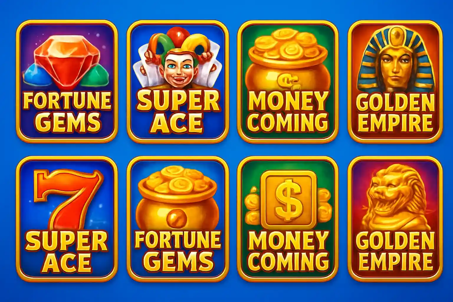 Grid of JILI and PG Soft slot game thumbnails on blue background