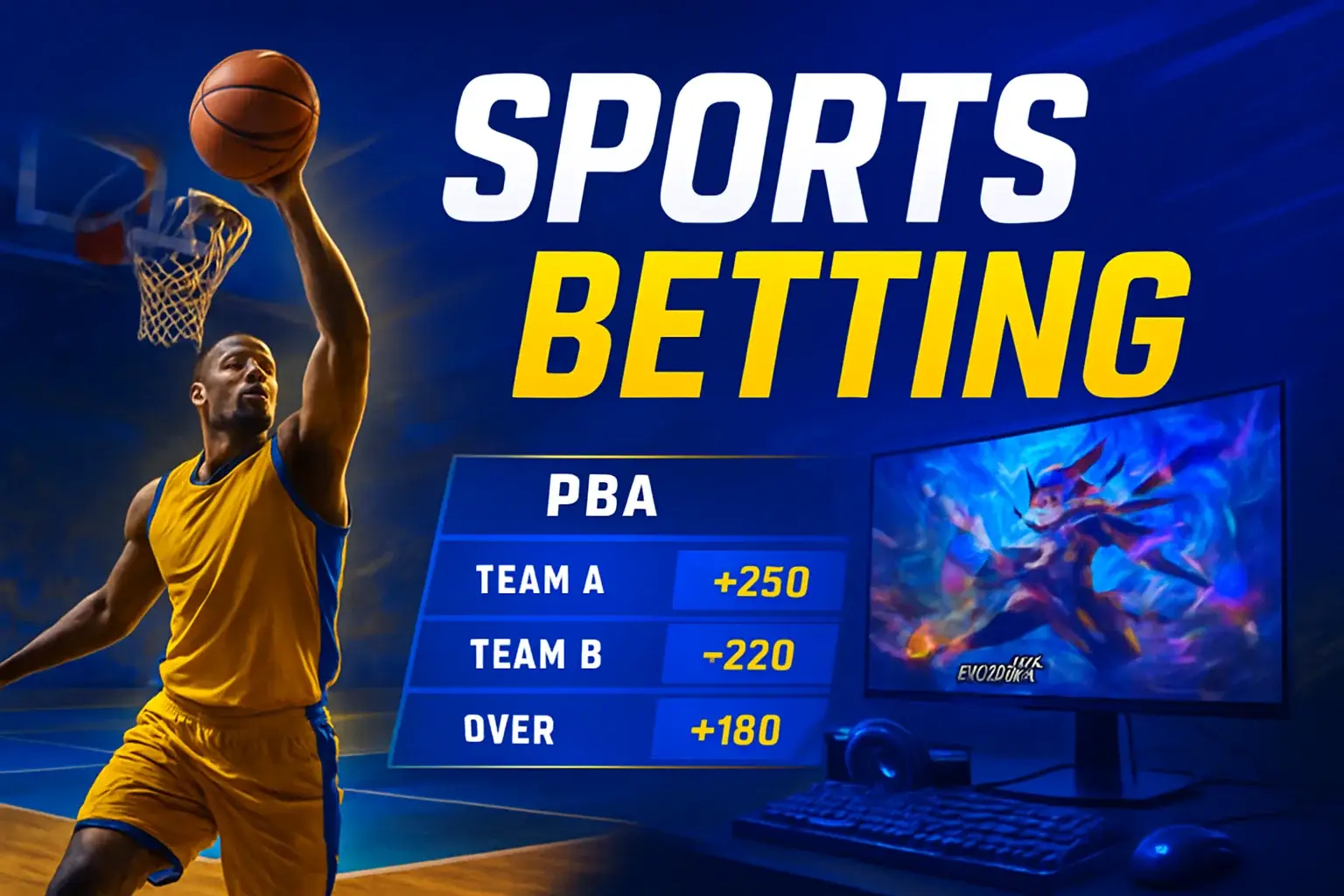 Dynamic Philippine sports betting banner with PBA action and Mobile Legends setup