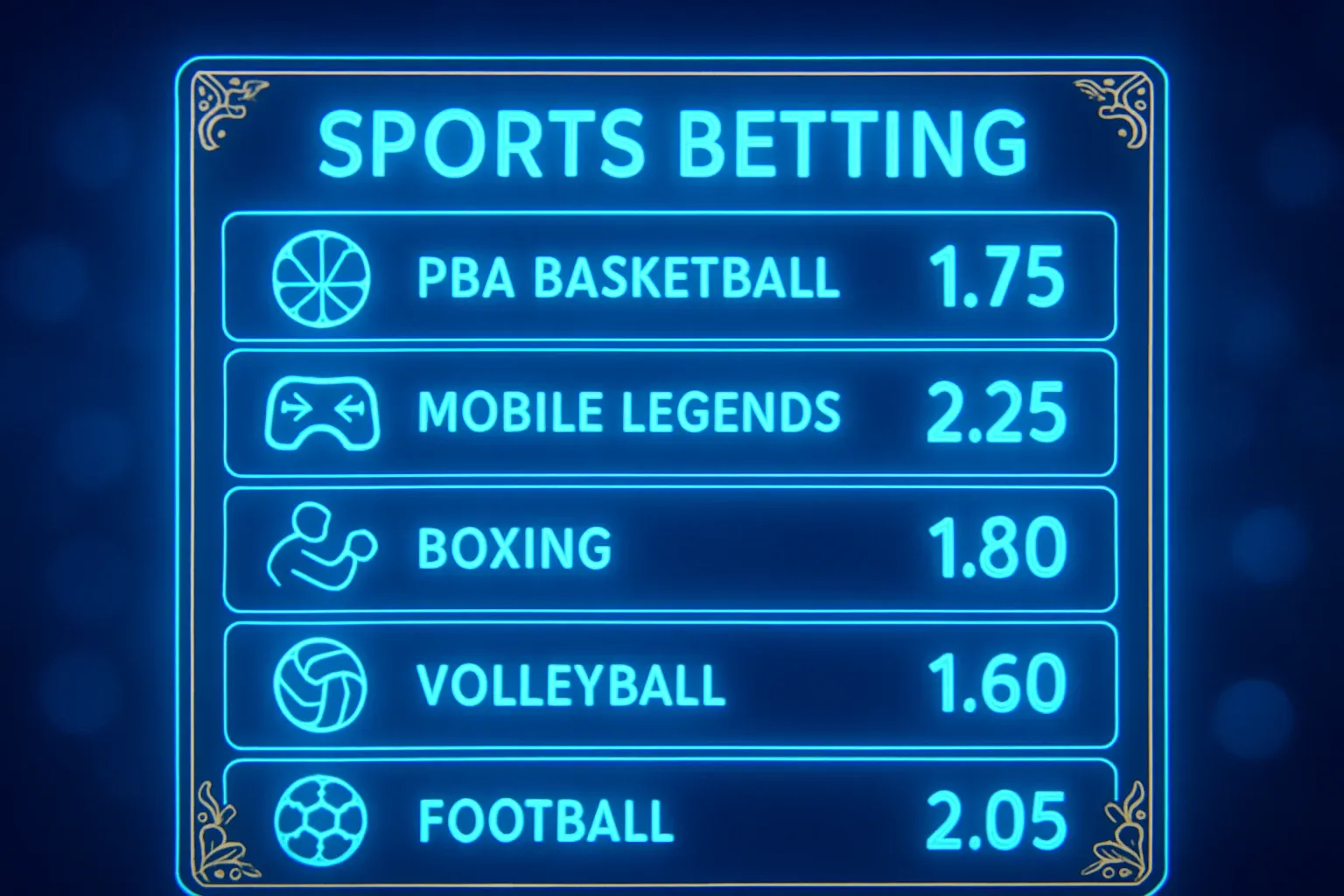 Sports betting markets with odds for PBA, Mobile Legends, boxing, volleyball, football